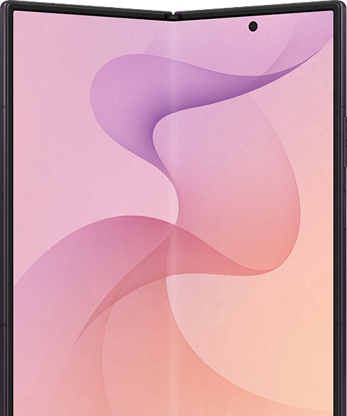 En foldbar smartphone med sort ramme og lyserød og lilla abstrakt baggrund på skærmen, set forfra.