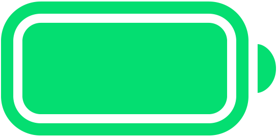 Lysegrønt batteri-ikon med afrundede hjørner og hvid kontur, der viser et fuldt opladet batteri.