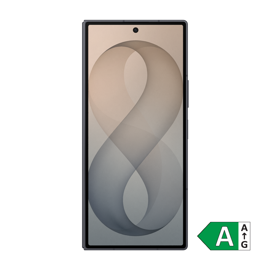 Mørk smartphone forfra med abstrakt ottetal-baggrund i beige og grå. Energimærke A i hjørnet.