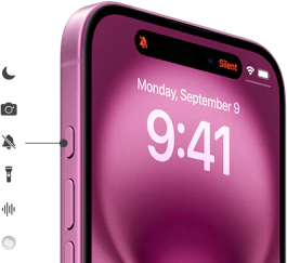 Billedet viser en halv mobil fra midt til top iPhone 16 i lyserød nuance. Skærmbilledet viser skærmlåse med klokkeslag, ude på venstre side af mobilen. bliver der vist sex ikoner "Nattesyn, Kamera, Lydløs, Lydoptager og Shazam ", som illustrerer de er tilknyttet den øverste knap handleknap ude på siden af mobilen.
