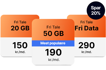 Mobilabonnement Fri Tale 20 GB, Fri Tale 50 GB og Fri Tal Fri Data med 20% rabat. 