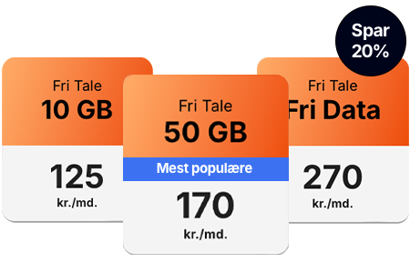 Mobilabonnement Fri Tale 10 GB, Fri Tale 50 GB og Fri Tal Fri Data med 20% rabat. 