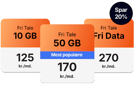 Mobilabonnement Fri Tale 10 GB, Fri Tale 50 GB og Fri Tal Fri Data med 20% rabat.