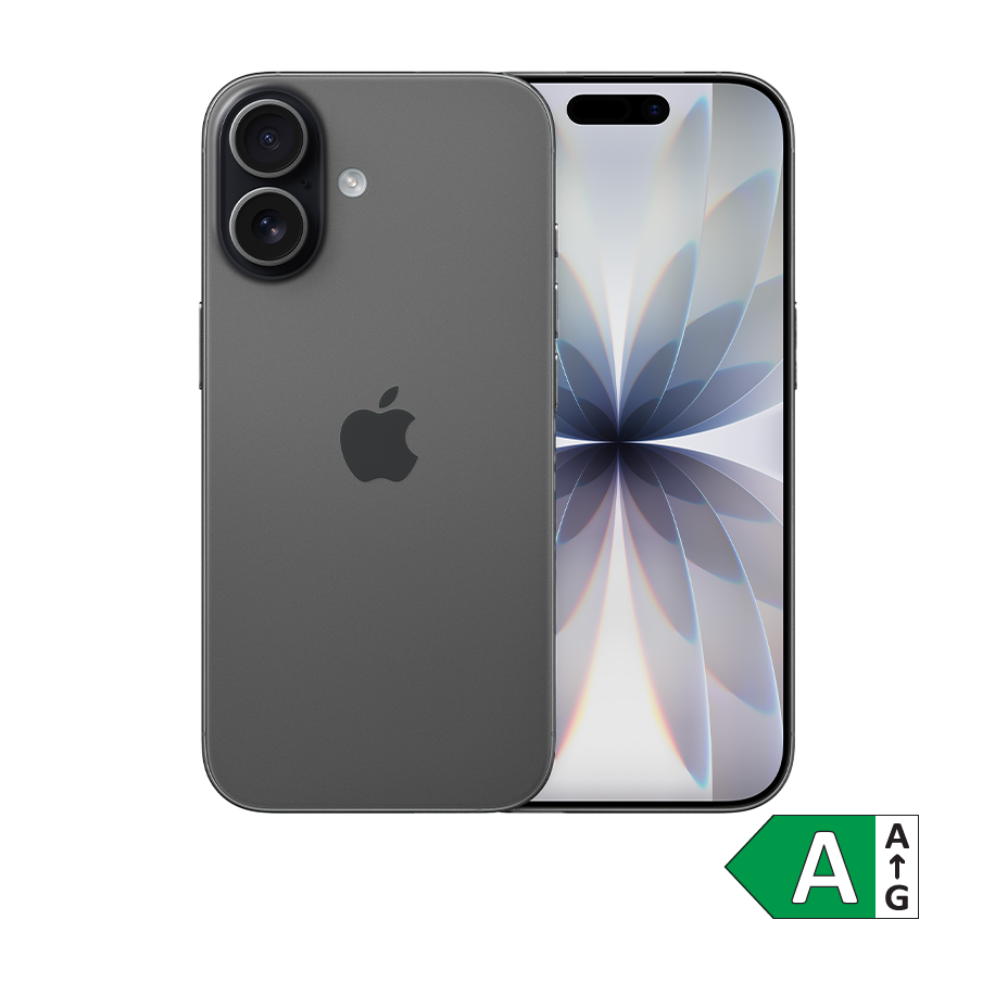 Grå iPhone med dobbelt kamera og blomsterlignende baggrundsbillede på skærmen. Energimærke A vises i hjørnet.