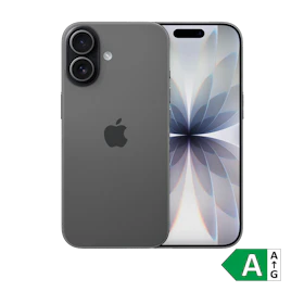 Grå iPhone med dobbelt kamera og blomsterlignende baggrundsbillede på skærmen. Energimærke A vises i hjørnet.