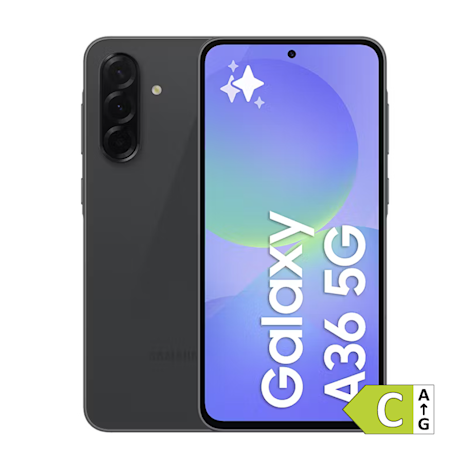 Sort Samsung Galaxy A36 5G smartphone med blå-grøn skærm og dobbelt kamera på bagsiden. Energimærke C vises.