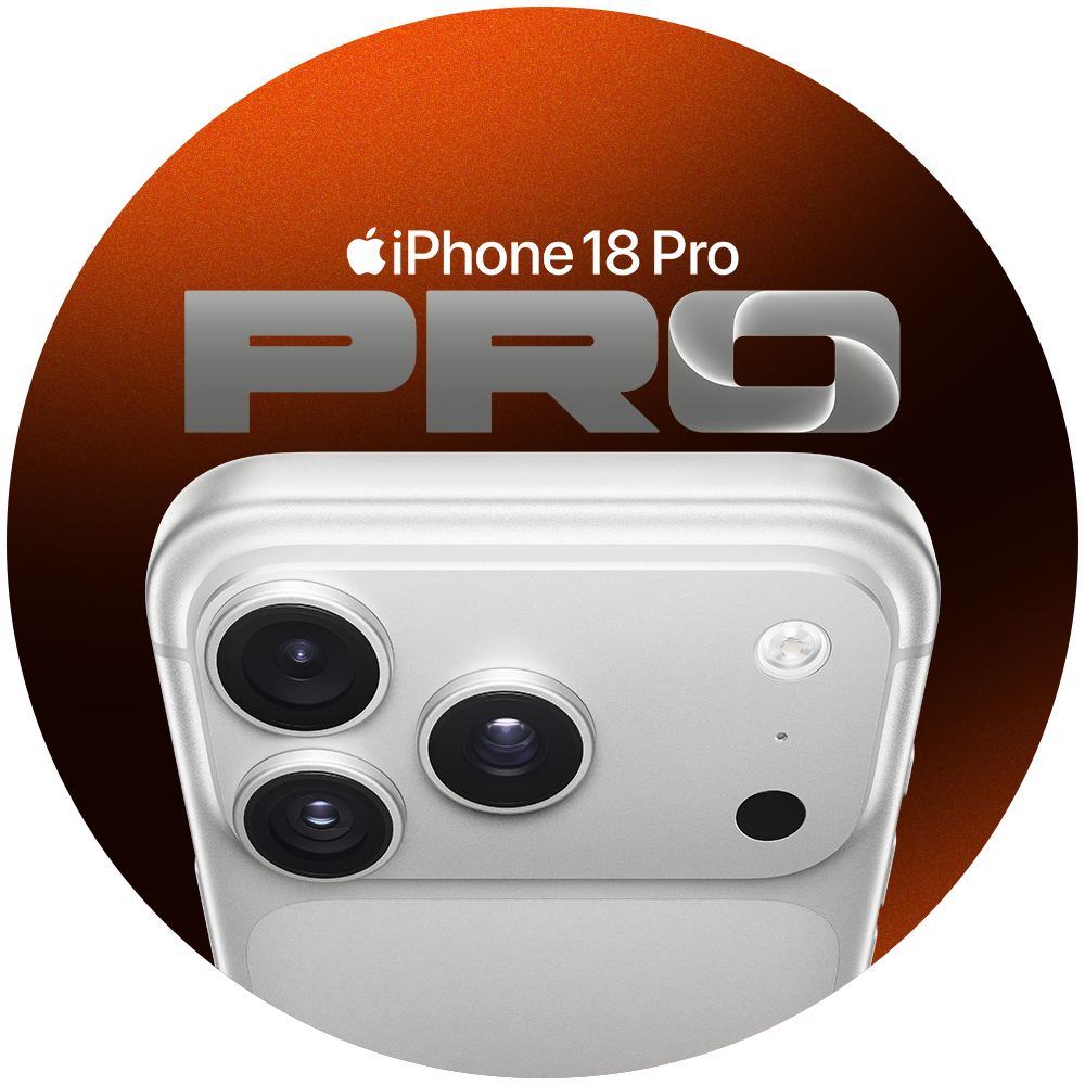 iPhone 18 Pro i sølvfarvet set bagfra med tre kameralinser på en orange baggrund med teksten PRO.