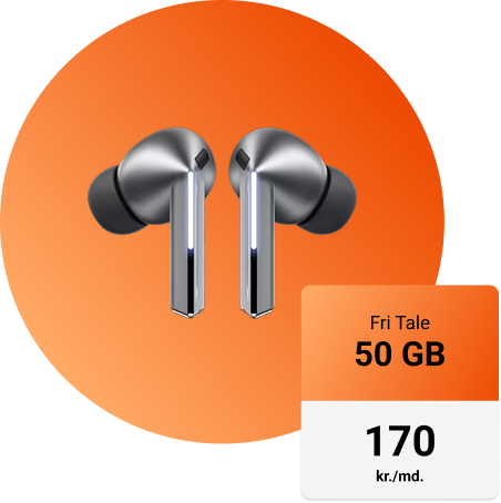Samsung Galaxy Buds3 Pro og Fri Tale 50 Gigabyte abonnementskort til 170 kr./md.