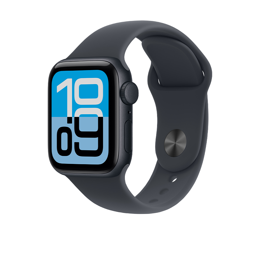 Sort Apple Watch SE3 med grå rem, der viser klokkeslættet 10:09 på en blå skærm.