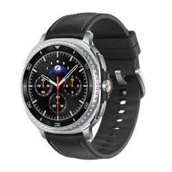 Elegant smartwatch med sølvfarvet urkasse, sort urskive med månefase og orange visere, monteret på sort læderrem.