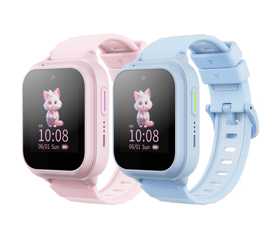 To børnesmartwatch fra ZTE i lyseblå og lyserød med farverige skærme, der viser klokkeslæt og figurer.