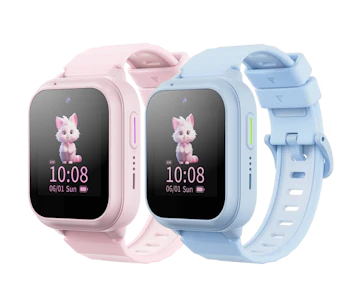 To børnesmartwatch fra ZTE i lyseblå og lyserød med farverige skærme, der viser klokkeslæt og figurer.