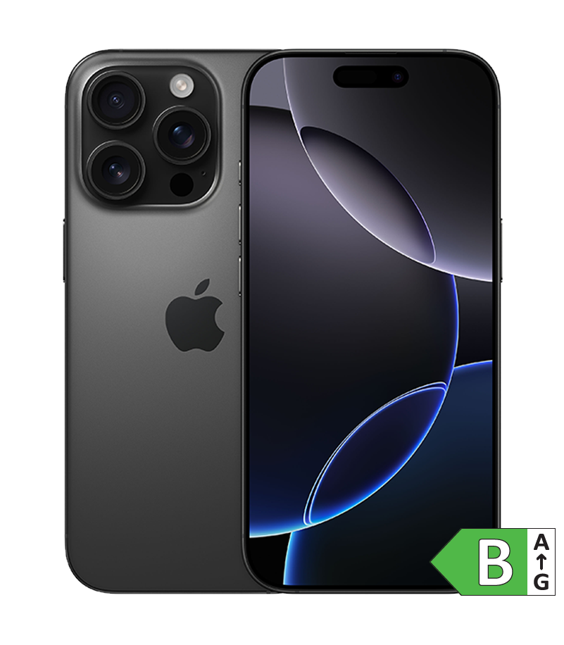 iPhone 16 Pro i Black Titanium med energimærke B
