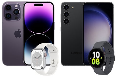 En iPhone og en Samsung smartphone, med to smartwatches foran, der illustrerer understøttelse af eSIM til Apple Watches og Samsung Galaxy Watches.