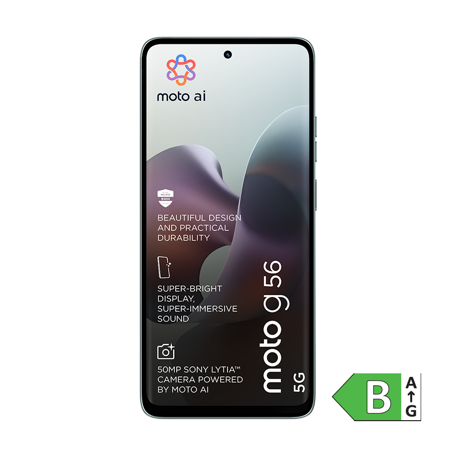 Motorola moto g56 5G smartphone med farverigt moto ai-logo, produktinformation om kamera og display, samt energimærke B.