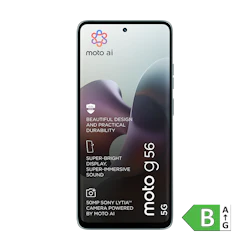 Motorola moto g56 5G smartphone med farverigt moto ai-logo, produktinformation om kamera og display, samt energimærke B.