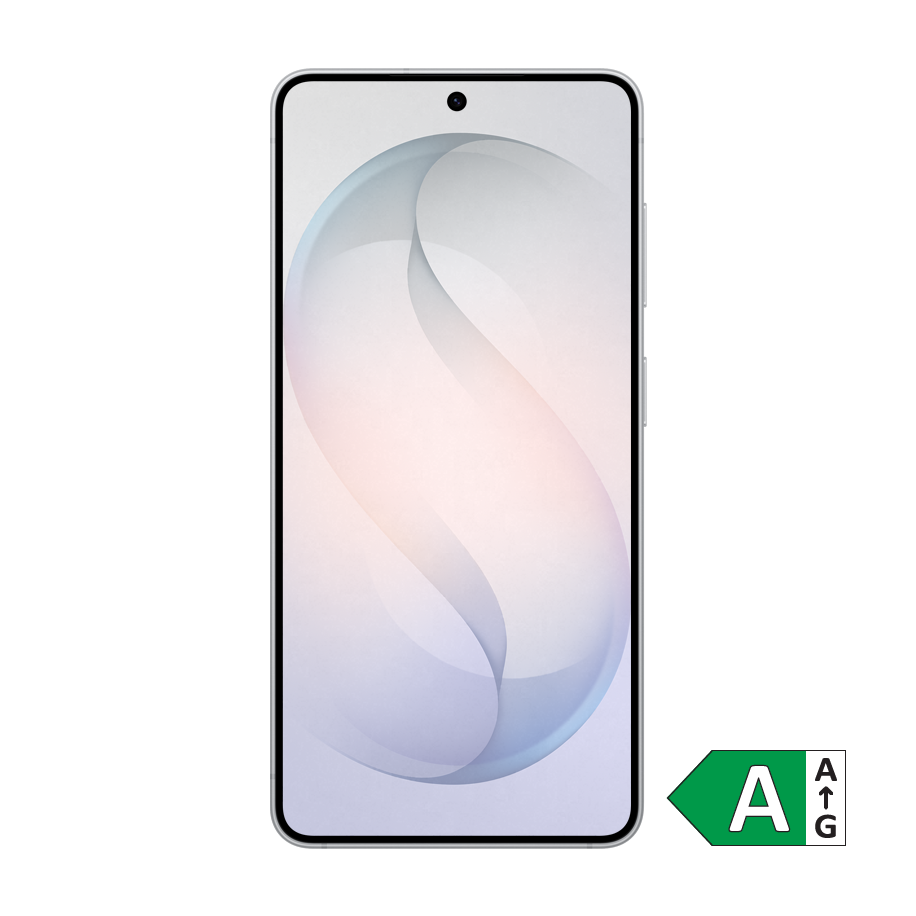 Smartphone med elegant bølgeformet baggrund i lyse pastelfarver og et grønt energimærke A i hjørnet.