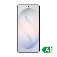 Smartphone med elegant bølgeformet baggrund i lyse pastelfarver og et grønt energimærke A i hjørnet.