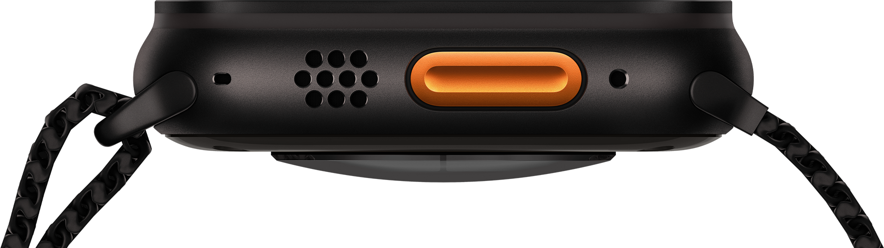 Sort smartwatch med orange knap på siden, højttaleråbninger og sort metalrem.