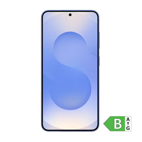 Smartphone med blå skærm der viser et S-formet mønster. Har et grønt energimærke B i hjørnet.