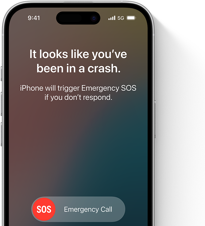 Billedet viser iPhone 16 Pro  i nuancen Black Titanium, vist med teksten "it looks like you've been in a crash. iPhone will trigger Emergency SOS if you don't response" og en "SOS emergency call"
