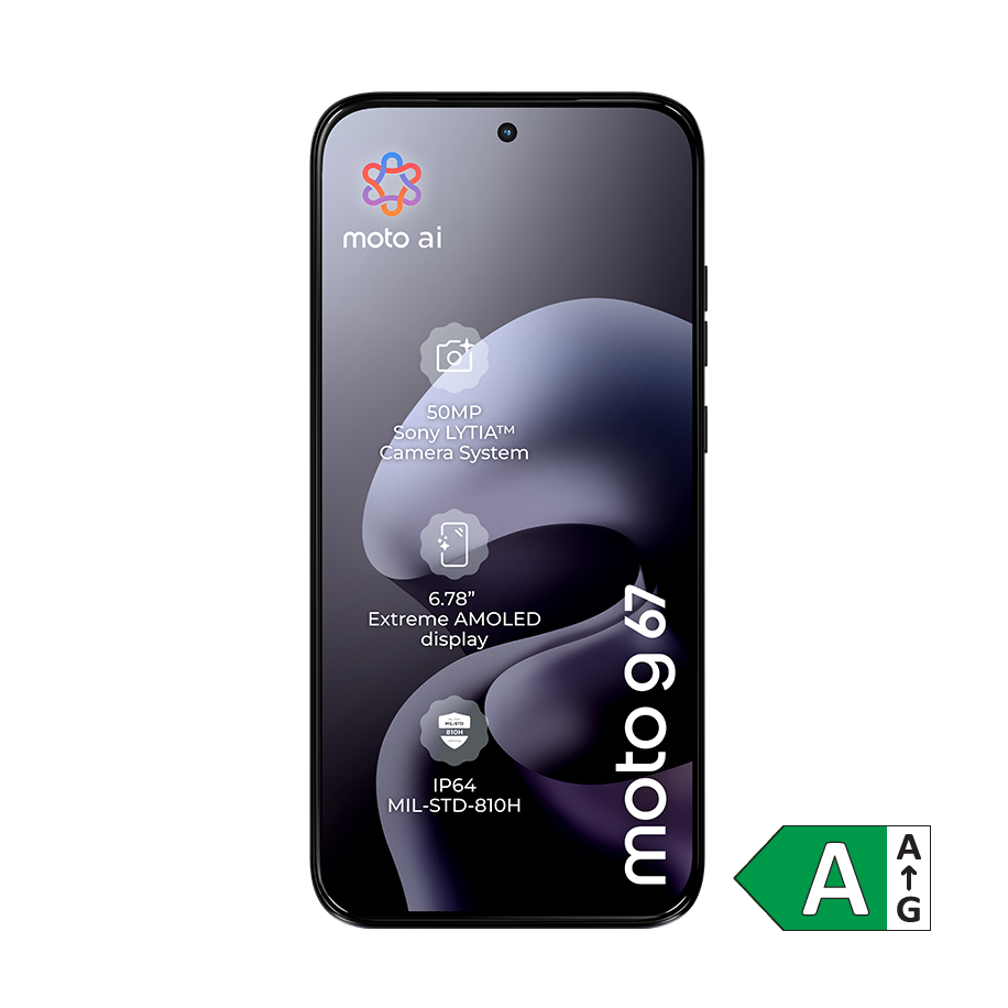 Sort Motorola Moto G67 smartphone forfra med energimærke A, 50MP kamera og 6,78" AMOLED-skærm.