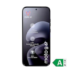 Sort Motorola Moto G67 smartphone forfra med energimærke A, 50MP kamera og 6,78" AMOLED-skærm.