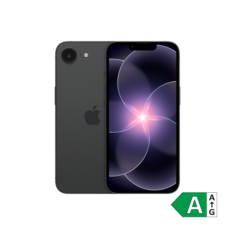 Sort Apple iPhone set forfra og bagfra med energimærke A på hvid baggrund.