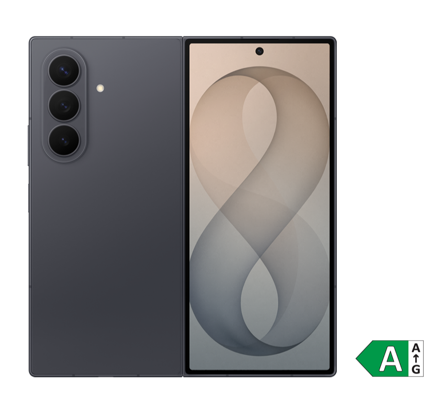 Samsung Galaxy Z Fold8 foldbar smartphone i mørkeblå med tre kameraer og en skærm med abstrakt tapet.