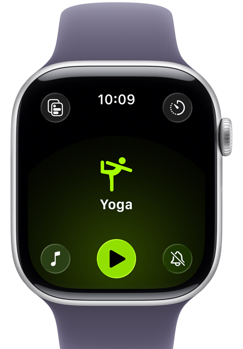 Apple Watch med yoga-app åben på skærmen, der viser et grønt yoga-ikon og afspilningsknapper på mørk baggrund.
