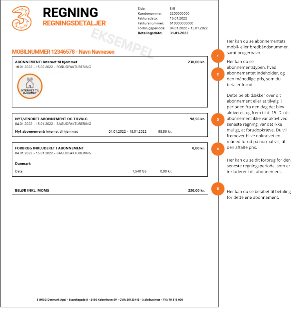 Regningsdetaljer. Eksempel på regning fra 3 med detaljer om abonnement, forbrug og betaling.