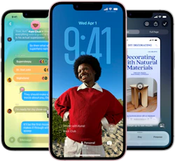 Tre smartphones viser forskellige apps: en chatapp, en person i rød sweater på startskærmen og en DIY-dekorationsartikel.