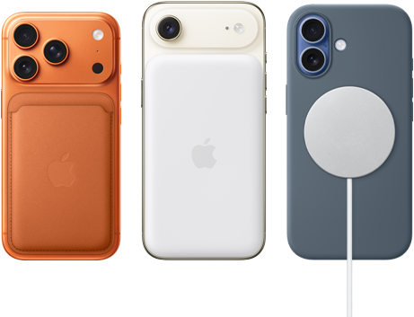 Tre iPhone-modeller side om side i orange, hvid og blå farve, med kameraer og MagSafe-oplader tilsluttet den blå model.