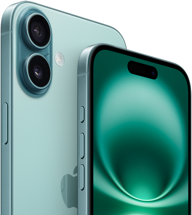 iPhone 16 | 16 Pro halveret i nuancerne teal. Mobilerne er placeret med bagsiden mod hinanden med en skrå vinkel 
iPhone 16 er placeret forrest, hvor 16 Pro er placeret bagved og stikker lidt op over iPhone 16 