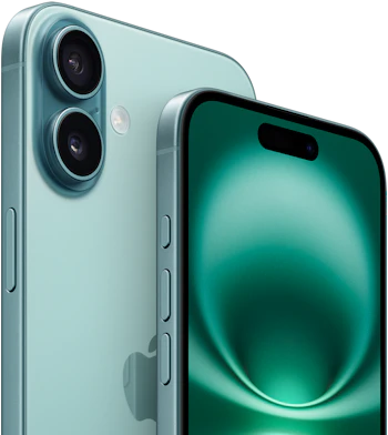 iPhone 16 | 16 Pro halveret i nuancerne teal. Mobilerne er placeret med bagsiden mod hinanden med en skrå vinkel
iPhone 16 er placeret forrest, hvor 16 Pro er placeret bagved og stikker lidt op over iPhone 16