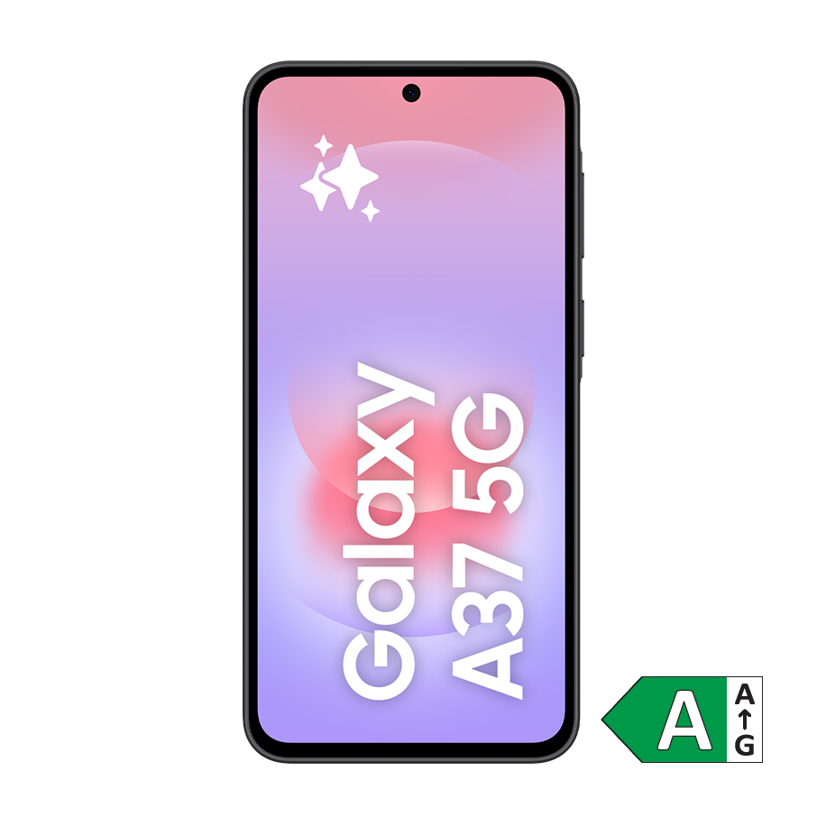 Samsung Galaxy A37 5G smartphone med lyserød og lilla skærmbaggrund og energimærke A