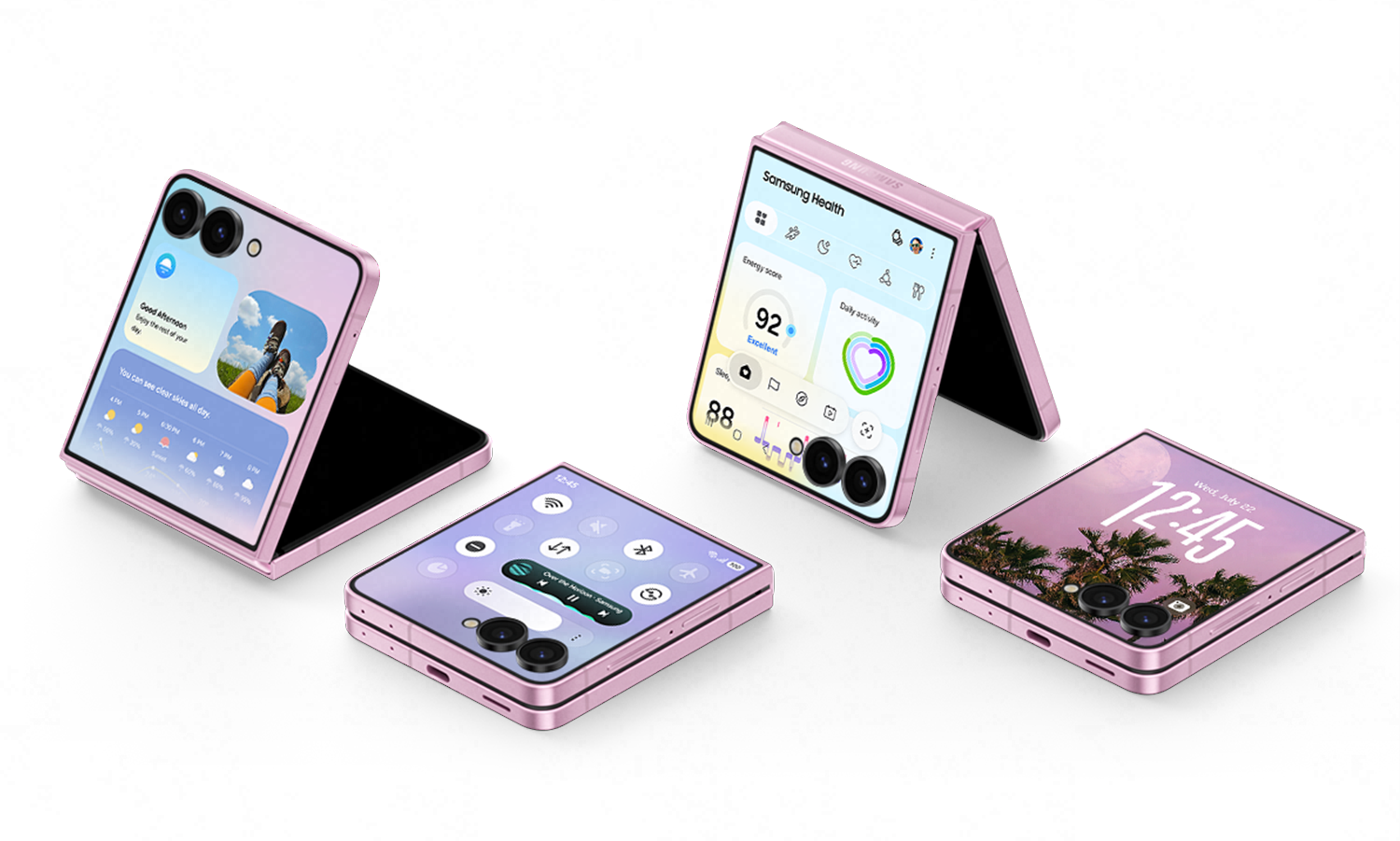 Fire lyserøde Samsung Galaxy Z Flip smartphones vist i forskellige positioner og med forskellige skærme aktiverede.