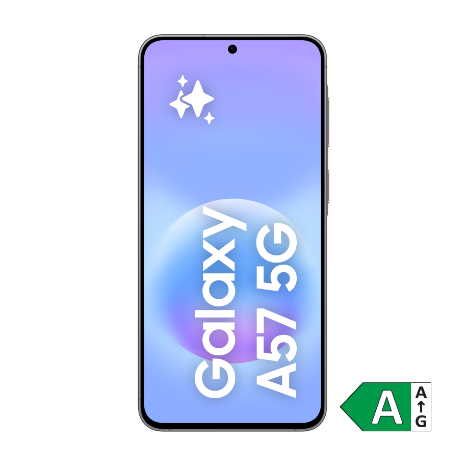 Samsung Galaxy A57 5G smartphone med lyslilla skærm, hvide stjerner og energimærke A