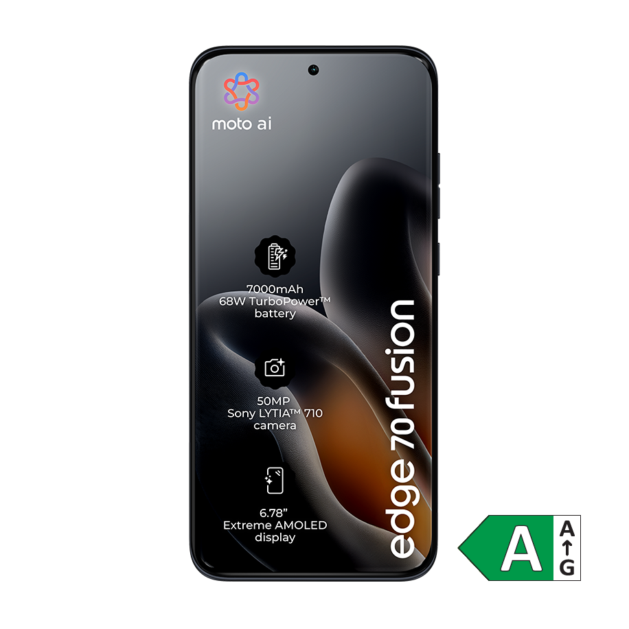 Motorola Edge 70 Fusion smartphone i sort med moto ai-logo og energimærke A vist forfra.