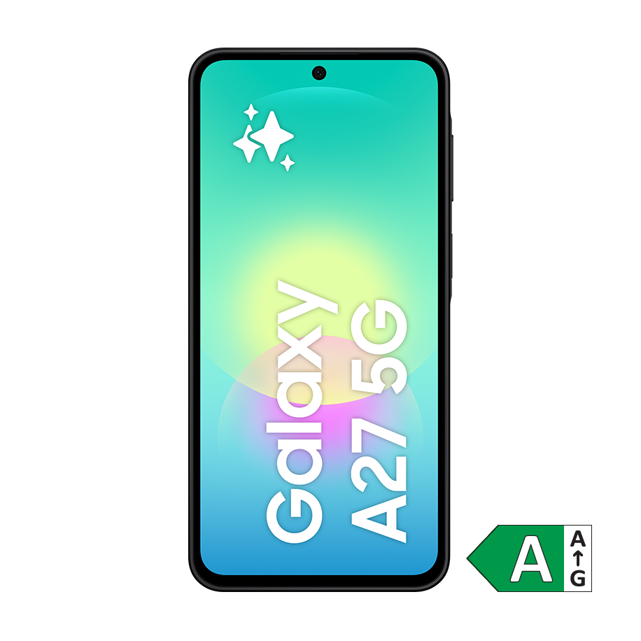 Samsung Galaxy A27 5G smartphone i sort med farverigt display og energimærke A.