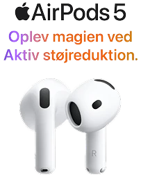 To hvide trådløse Apple AirPods 5 med sorte gitterdetaljer, vist på hvid baggrund.