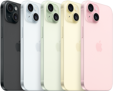 iPhone 15 i fem forskellige farvet glas varianter, linet op med en strå vinkel 