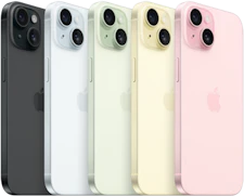 iPhone 15 i fem forskellige farvet glas varianter, linet op med en strå vinkel