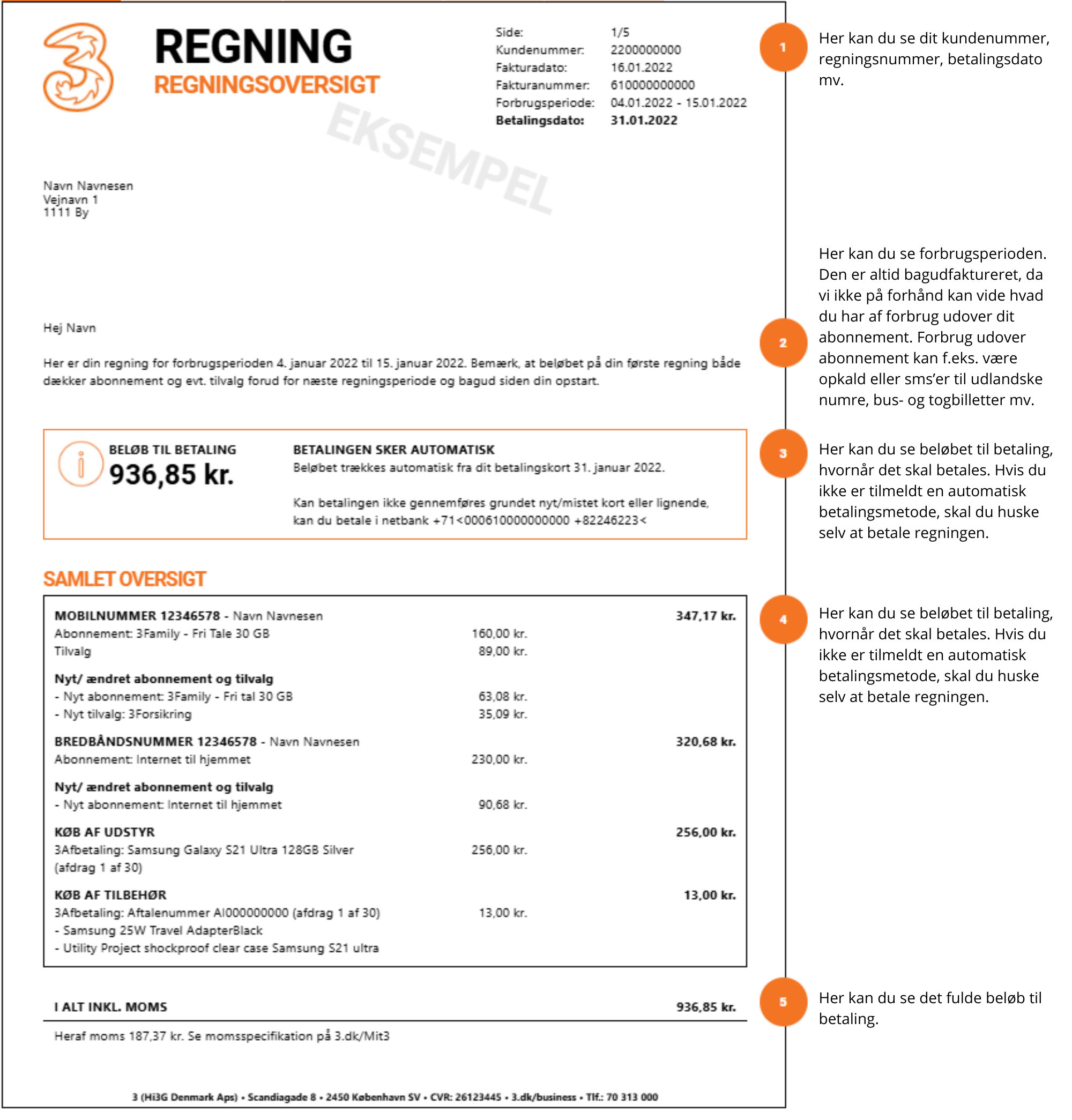 Regningsoversigt. Eksempel på regningsoversigt fra 3 med kundeoplysninger og betalingsdetaljer.