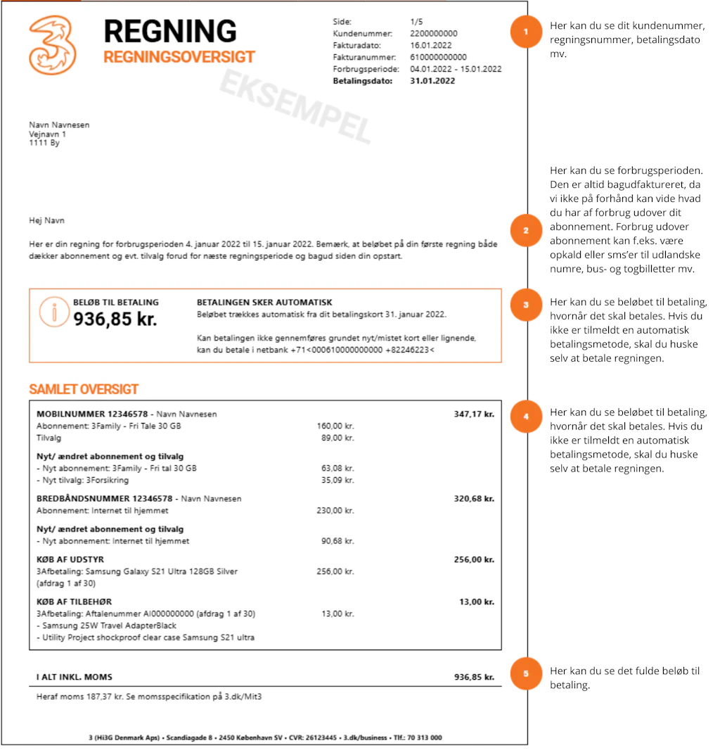Regningsoversigt. Eksempel på regningsoversigt fra 3 med kundeoplysninger og betalingsdetaljer.