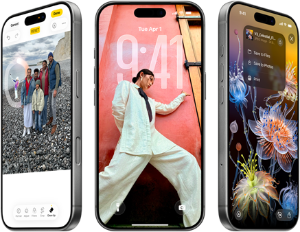 Tre iPhone 14 Pro-telefoner viser forskellige skærmbilleder: et familiefoto, en person i hvidt tøj og farverige havdyr.