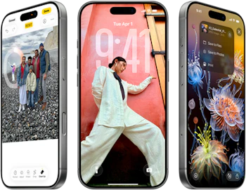 Tre iPhone 14 Pro-telefoner viser forskellige skærmbilleder: et familiefoto, en person i hvidt tøj og farverige havdyr.