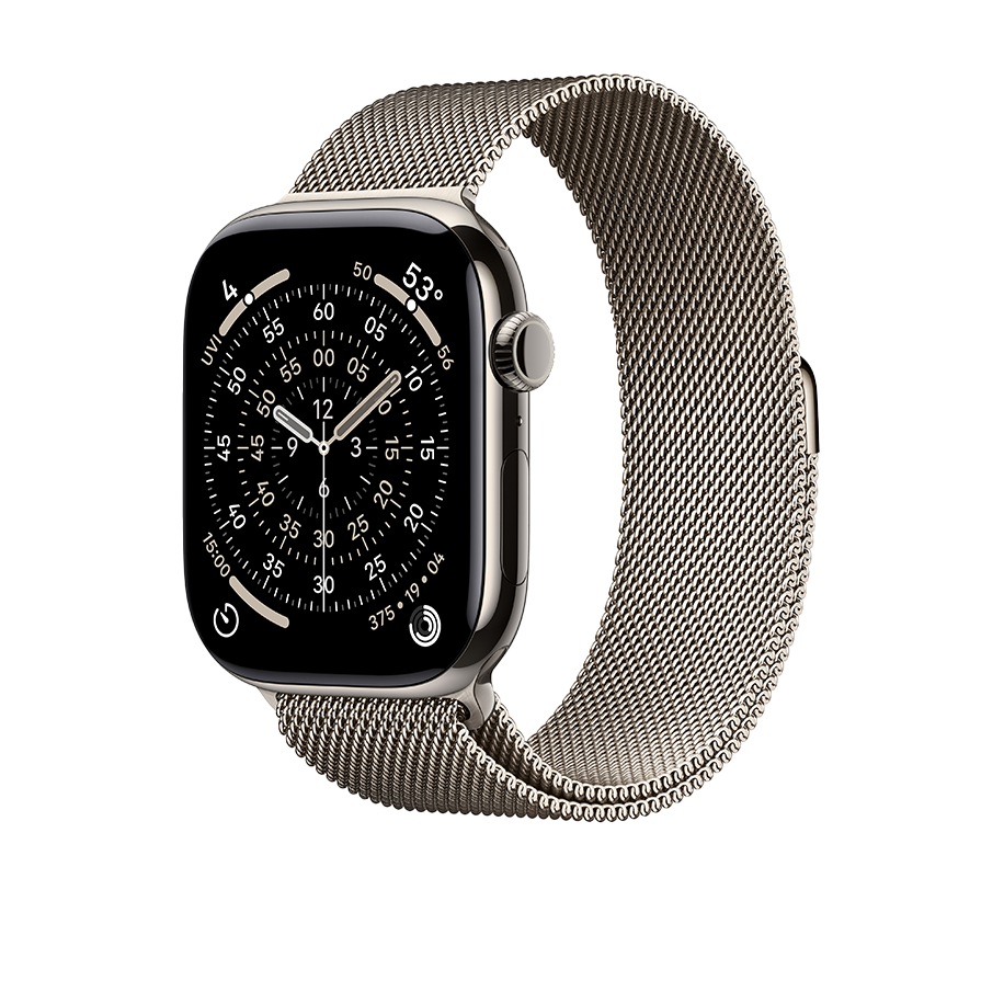 Apple Watch Series 11 med sort urskive og titanium farvet armbånd, der viser et analogt kompas-interface.